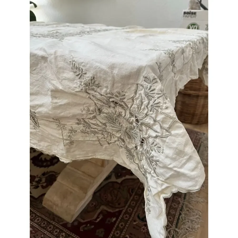 Vintage Hand Embroidery Floral Linen Tablecloth Ivory Rectangular 98